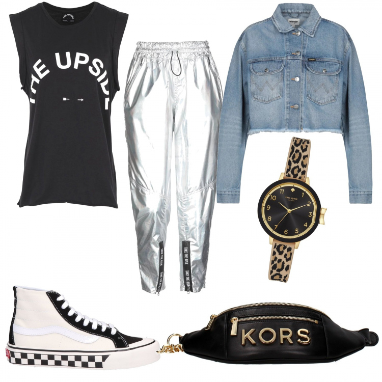 Outfit donna - Trap style. Stile Urban per Tutti i giorni. Abbinamento con sneakers tennis fantasia effetto scamosciato senza tacco con punta tonda, pantalone effetto laminato con coulisse in tessuto tecnico tinta unita, orologio con fibbia, top jersey, giacca delavé collo classico a maniche lunghe in denim tinta unita, zaino.