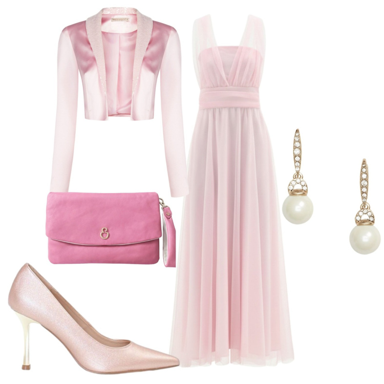 Outfit donna - Cerimonia. Stile Chic per Cerimonia. Abbinamento con vestiti lunghi, décolleté, bolero, orecchini, pochette.