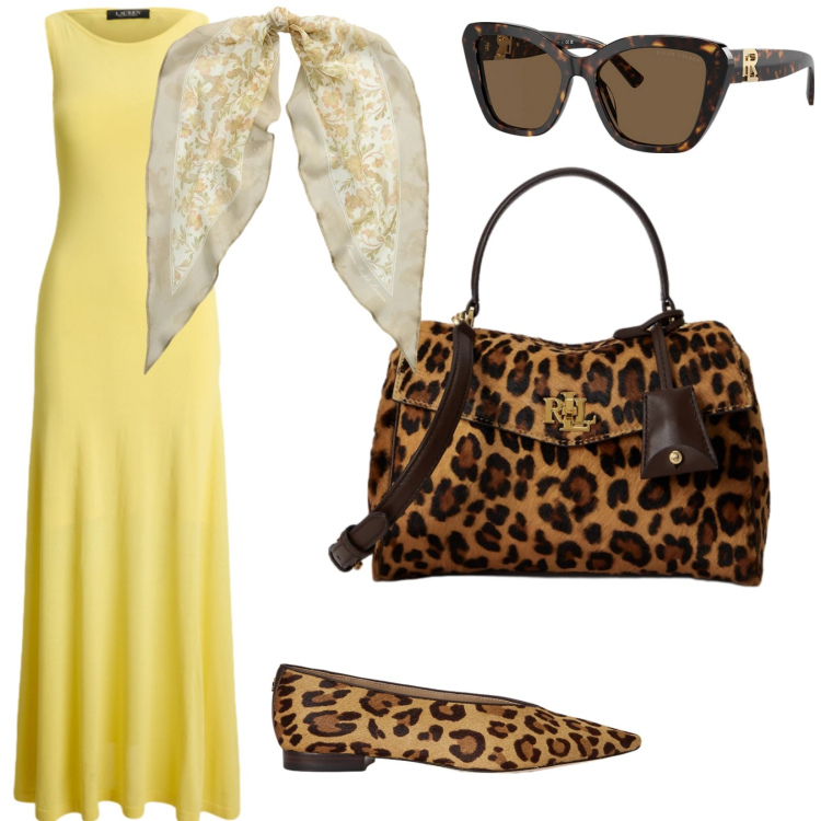 Outfit donna - Maxi dress e foulard. per Tutti i giorni. Abbinamento con occhiali da sole, foulard, vestiti lunghi, borse a mano, ballerine.
