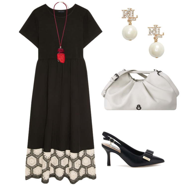 Outfit donna - In ufficio il maxi dress. per Ufficio. Abbinamento con vestiti lunghi, ciondoli, orecchini, clutch, décolleté.
