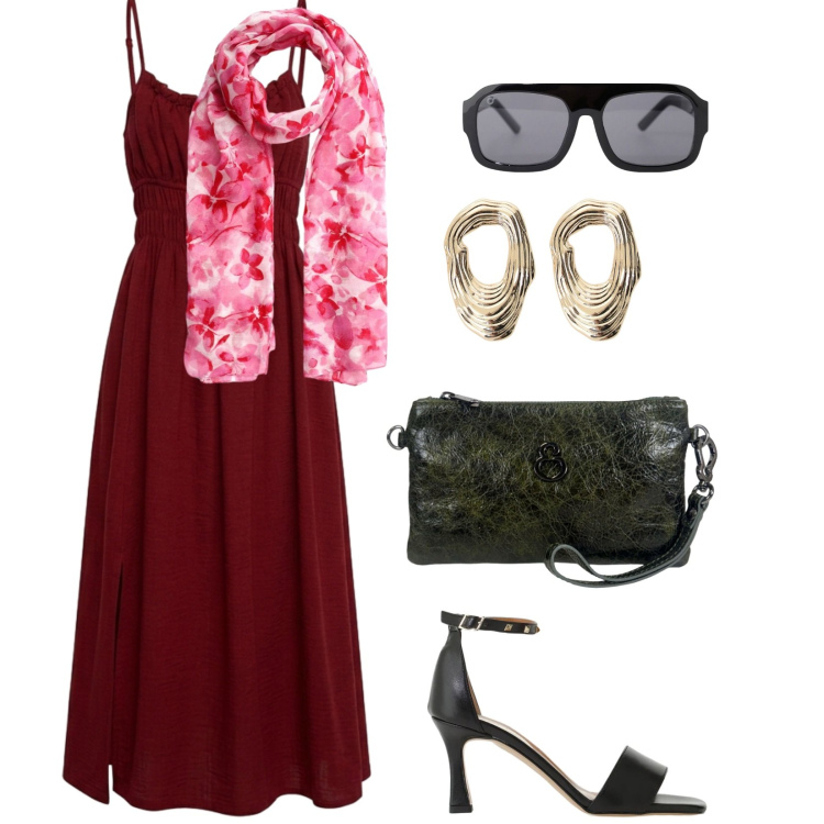 Outfit donna - Aperitivo in Maxi dress. per Serata fuori. Abbinamento con foulard, vestiti lunghi, orecchini, sandali col tacco, occhiali da sole, pochette.