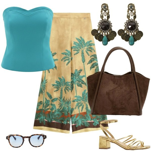 Outfit donna - Total look #2447163. Stile Etnico per Serata fuori. Abbinamento con sandali col tacco, occhiali da sole, pantaloni a palazzo, orecchini, top, borse a spalla.