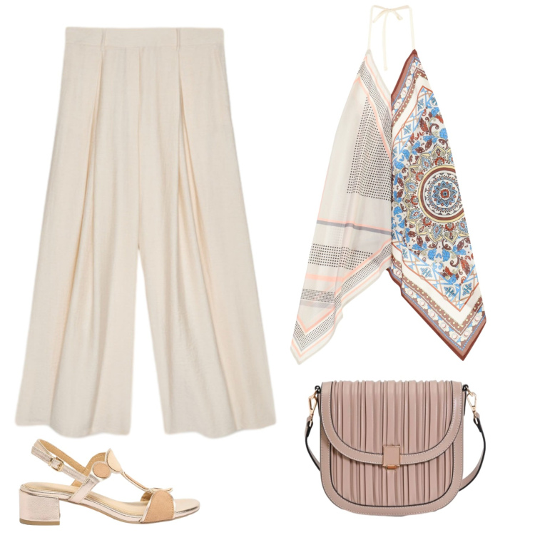 Outfit donna - Leggerezza. Stile Casual chic per Tutti i giorni. Abbinamento con sandali col tacco, top, borse a tracolla, pantaloni a palazzo.
