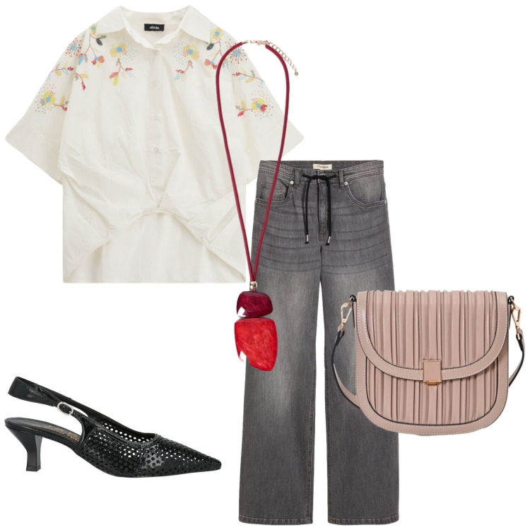 Outfit donna - Total look #2447182. Stile Casual chic per Ufficio. Abbinamento con décolleté, jeans dritti, camicie a manica corta, borse a tracolla, ciondoli.