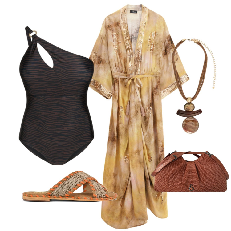 Outfit donna - Mare e aperitivo. Stile Casual chic per Mare. Abbinamento con vestiti lunghi, ciondoli, costumi interi, clutch, ciabatte.