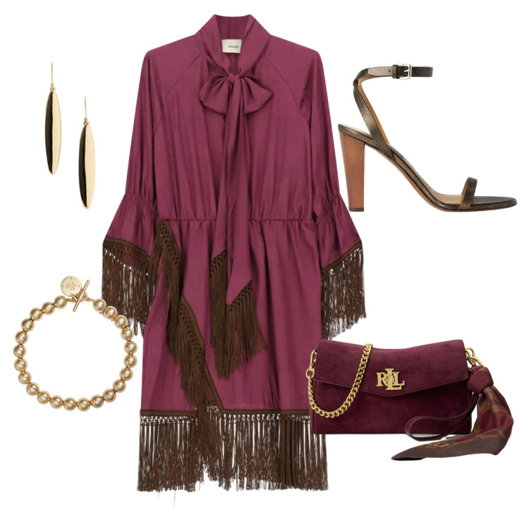 Outfit donna - Bordeaux glame. Stile Casual chic per Serata fuori. Abbinamento con vestiti corti, braccialetti, sandali col tacco, orecchini, borse a tracolla.