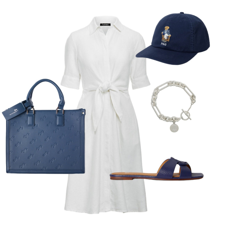 Outfit donna - White & blue. Stile Bon Ton per Tutti i giorni. Abbinamento con borse a mano, vestiti chemisier, sandali in pelle, braccialetti, cappelli.