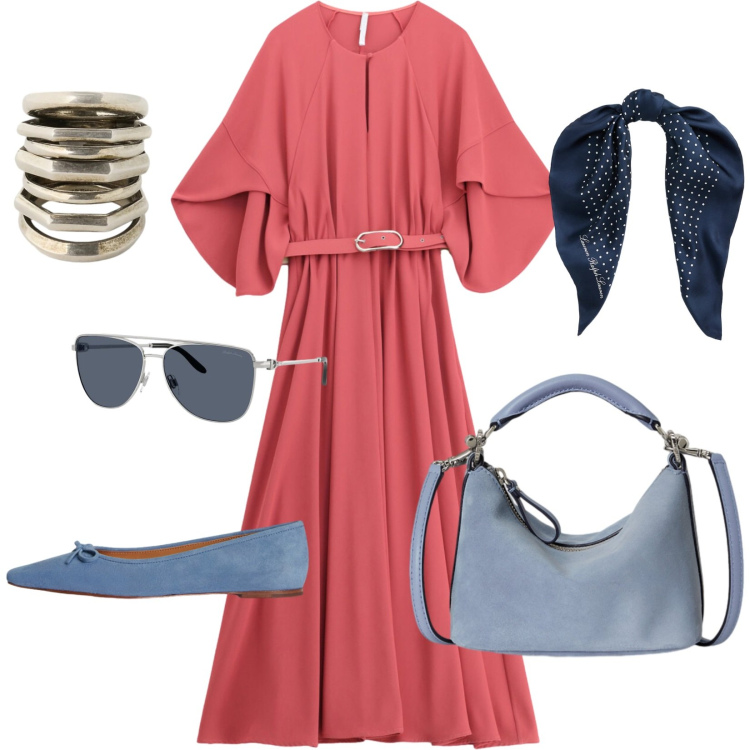 Outfit donna - Maxi fluido. Stile Casual chic per Serata fuori. Abbinamento con vestiti lunghi, foulard, ballerine, occhiali da sole, borse a spalla, anelli.