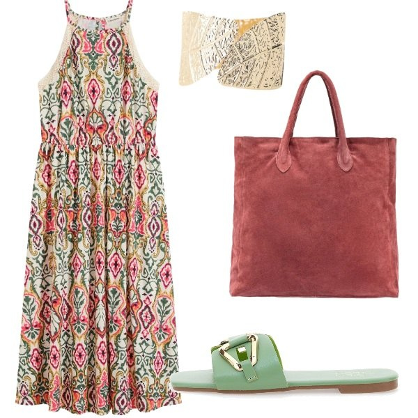 Outfit donna - Momenti di relax. Stile Casual chic per Tutti i giorni. Abbinamento con vestiti midi/longuette, braccialetti, borse a mano, ciabatte.