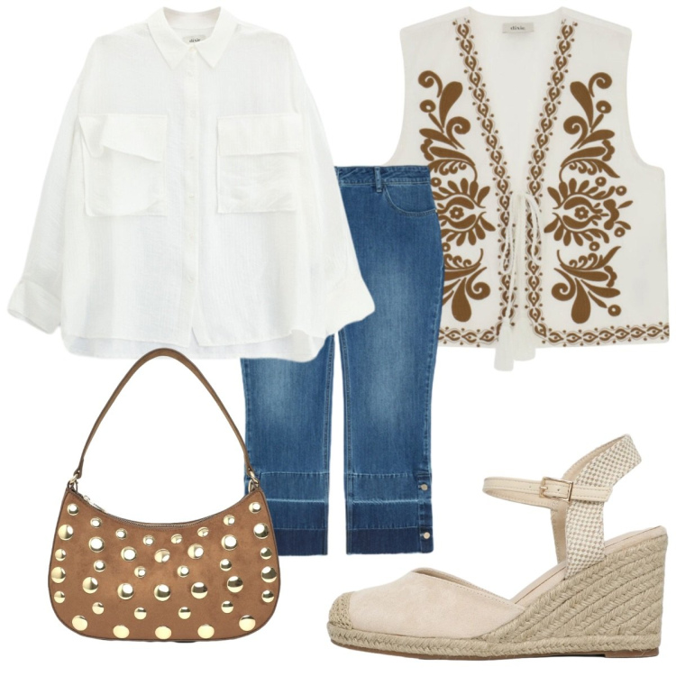 Outfit donna - Total look #2447217. Stile Boho per Tutti i giorni. Abbinamento con borse a tracolla, zeppe, camicie, gilet, jeans.