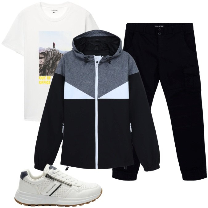 Outfit uomo - Total look #2447237. Stile Urban per Tutti i giorni. Abbinamento con sneakers, pantaloni cargo, t-shirt, giacche sportive.