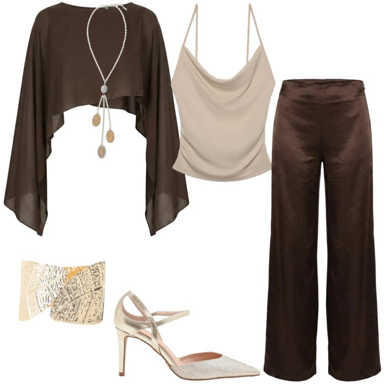 Outfit donna - Serata estiva. Stile Chic per Serata fuori. Abbinamento con canottiere, collane, braccialetti, décolleté, pantaloni a palazzo, top.