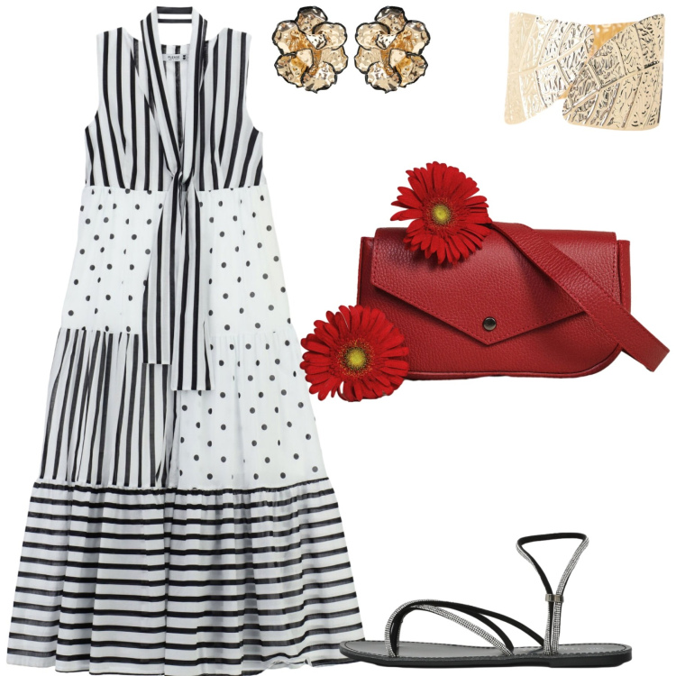 Outfit donna - Righe e Pois. Stile Casual chic per Tutti i giorni. Abbinamento con sandali, vestiti lunghi, borse a tracolla, braccialetti, orecchini.