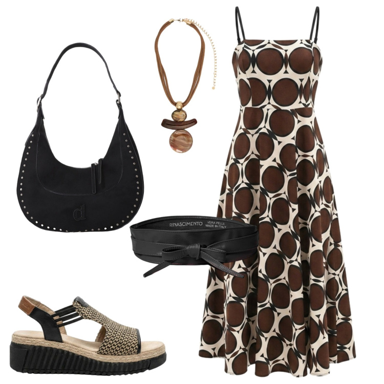 Outfit donna - Marrone e nero. Stile Casual chic per Tutti i giorni. Abbinamento con sandali, borse a spalla, vestiti midi/longuette, cinture, ciondoli.