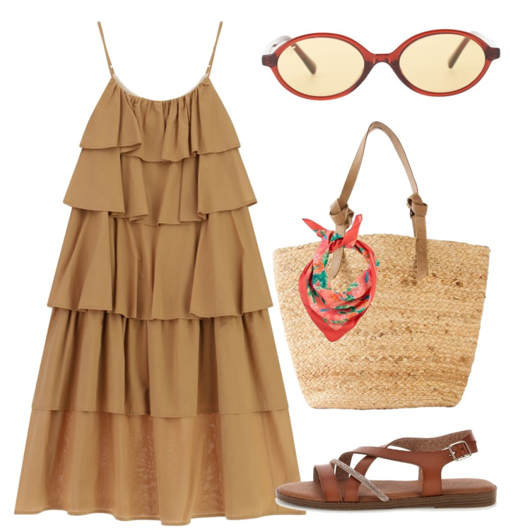 Outfit donna - In città. Stile Glamour per Tutti i giorni. Abbinamento con foulard, shopping bag, vestiti lunghi, occhiali da sole, sandali.