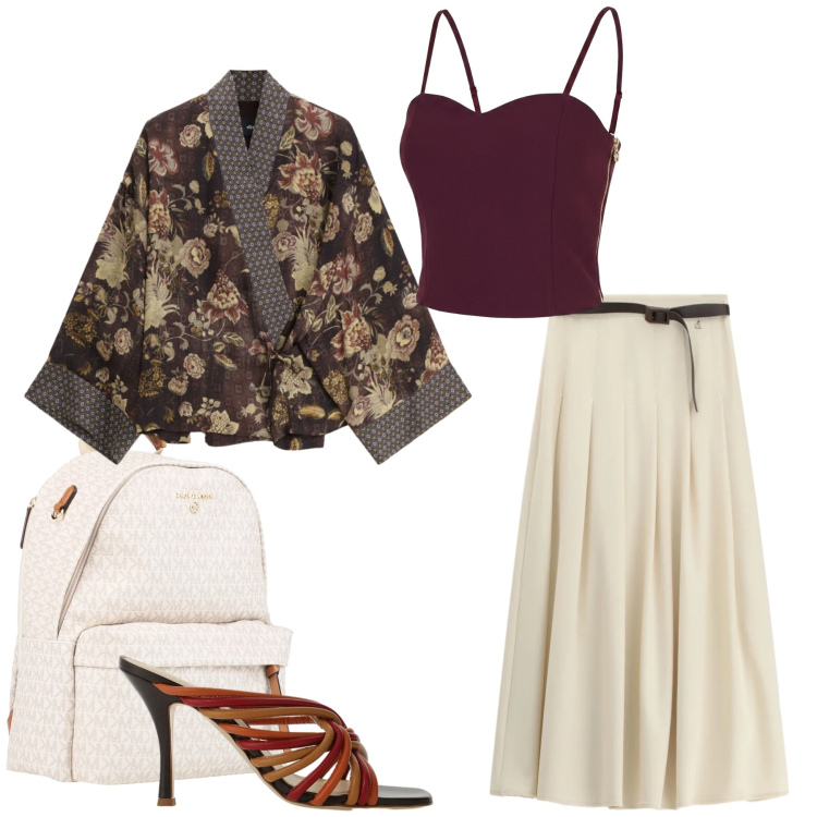 Outfit donna - Total look #2447244. Stile Casual chic per Tutti i giorni. Abbinamento con zaini, gonne lunghe, sandali col tacco, kimono, top.