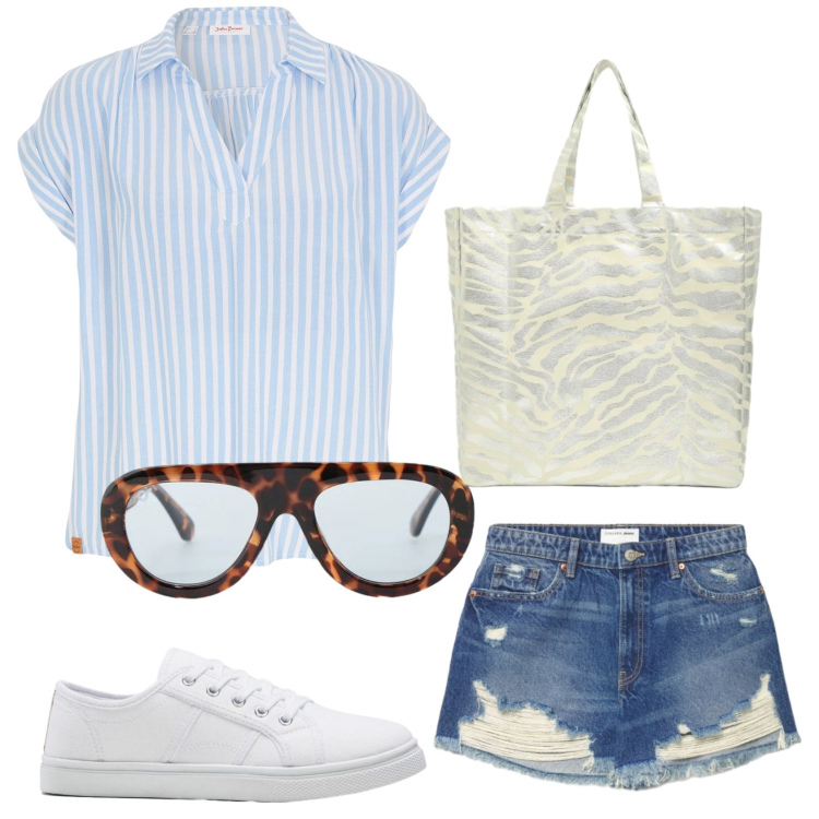 Outfit donna - Camicia a righe. Stile Casual per Tutti i giorni. Abbinamento con bluse, sneakers, shopping bag, shorts, occhiali da sole.