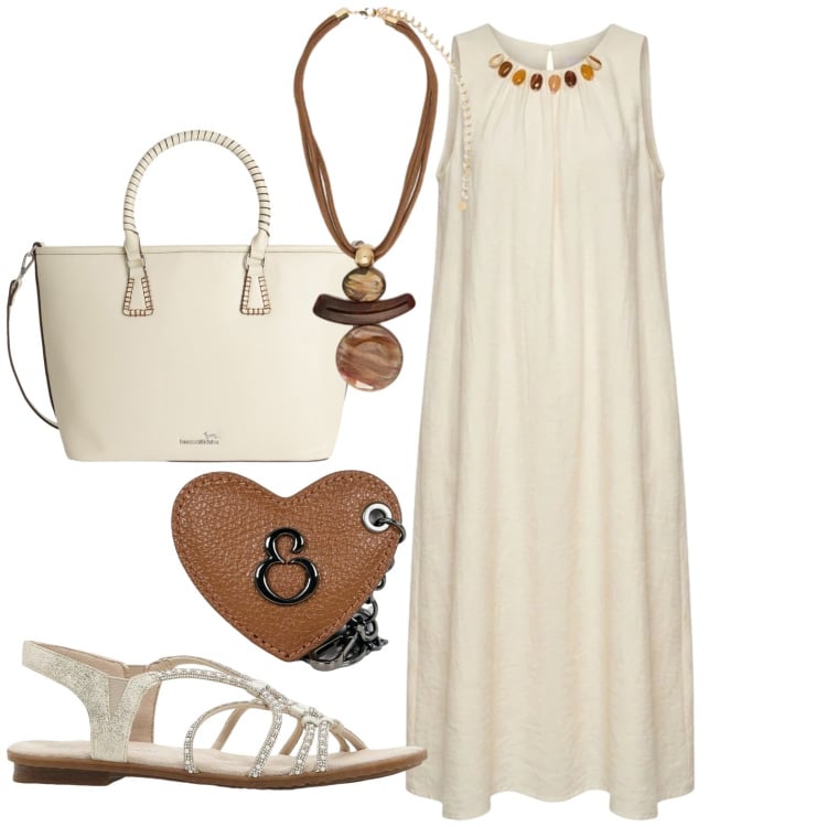 Outfit donna - Doppio uso. Stile Casual chic per Tutti i giorni. Abbinamento con sandali, shopping bag, vestiti midi/longuette, ciondoli, portachiavi.