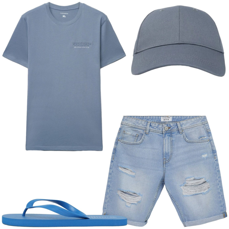 Outfit uomo - Total look #2447253. Stile Casual per Tutti i giorni. Abbinamento con bermuda, cappelli con visiera, t-shirt, sandali.
