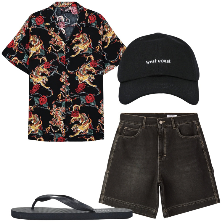 Outfit uomo - Total look #2447254. Stile Casual per Tutti i giorni. Abbinamento con camicie a manica corta, bermuda, sandali, cappelli con visiera.