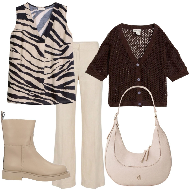 Outfit donna - Top zebrato. Stile Casual per Tutti i giorni. Abbinamento con stivaletti, cardigans, top, borse a tracolla, pantaloni.