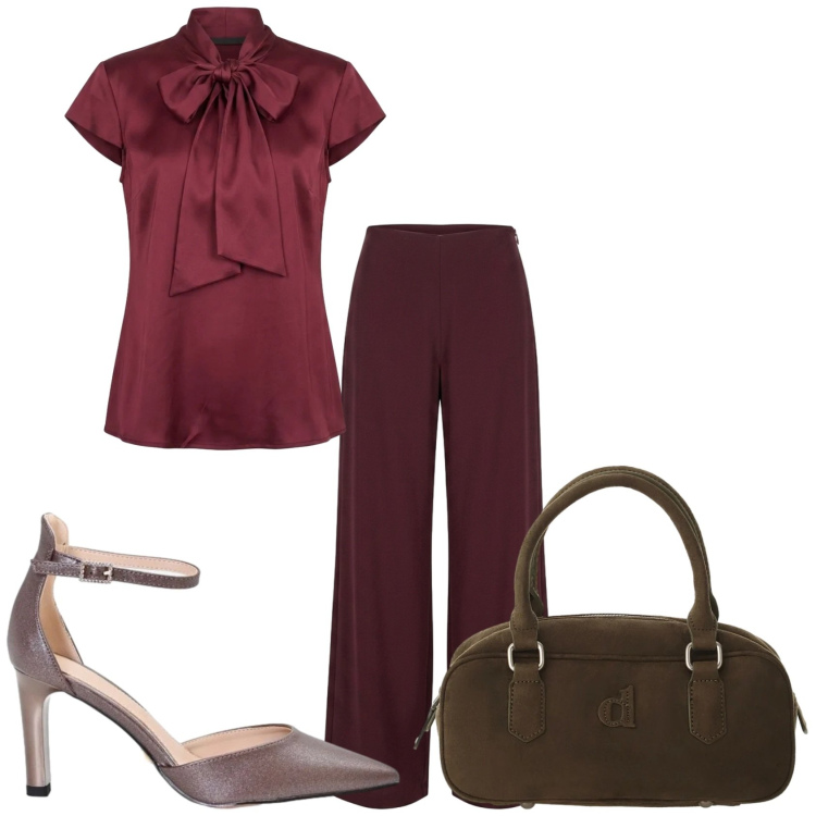 Outfit donna - Incontro di lavoro. Stile Glamour per Ufficio. Abbinamento con borse a mano, décolleté, camicie, pantaloni a palazzo.