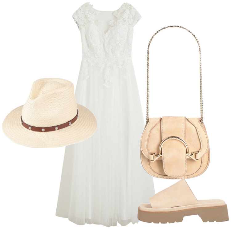 Outfit donna - Agosto bianco. Stile Romantica per Tutti i giorni. Abbinamento con marsupi, sandali in pelle, cappelli, vestiti.