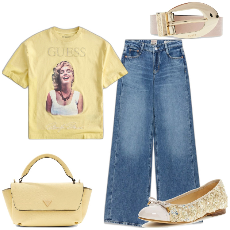 Outfit mujer - Casual chic #10473. Estilo Casual chic para Todos los días. Combinación con bailarinas, camiseta, vaqueros, bolsos de mano, cinturones.