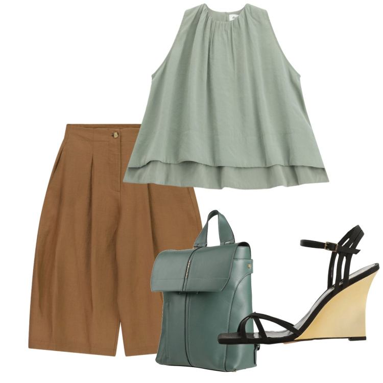 Outfit donna - Agosto. Stile Minimal per Tutti i giorni. Abbinamento con zaini, top, sandali col tacco, shorts.