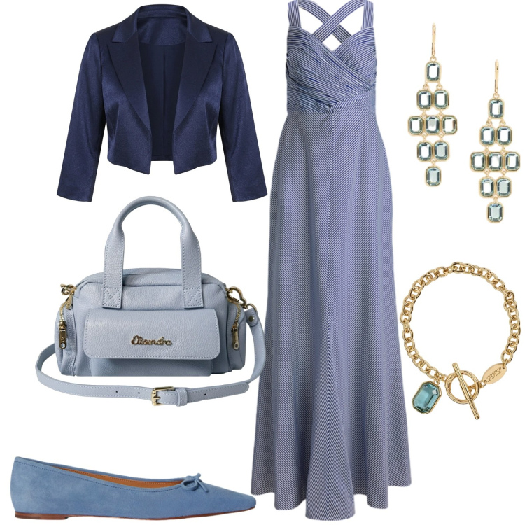 Outfit donna - Giorno e sera. Stile Casual chic per Tutti i giorni. Abbinamento con bolero, ballerine, orecchini, braccialetti, vestiti lunghi, borse a mano.