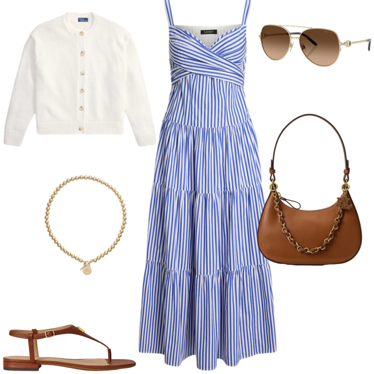Outfit donna - Chic serata evento aperitivo. Stile Chic per Serata fuori. Abbinamento con vestiti midi/longuette, collane, occhiali da sole, sandali in pelle, borse a spalla, cardigans.