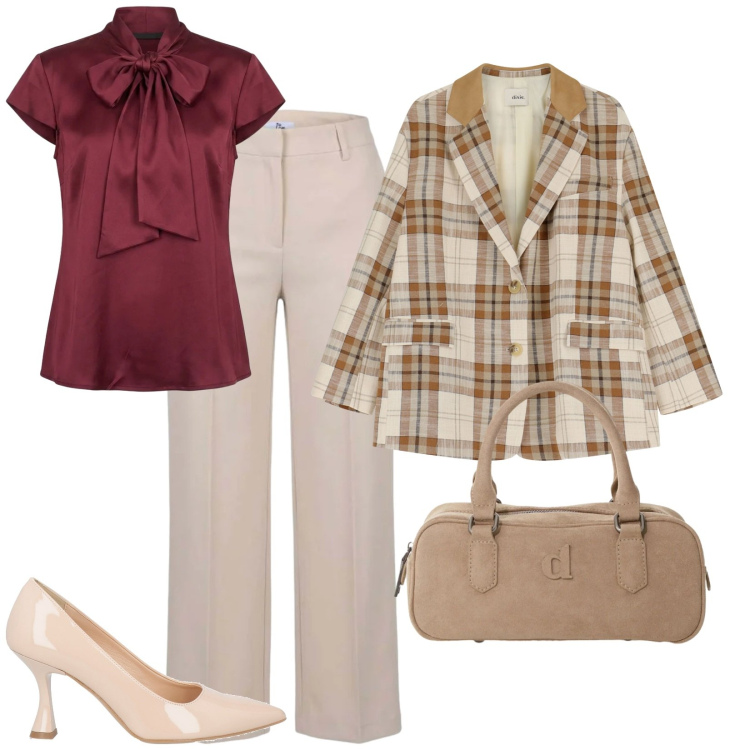 Outfit donna - Settembre arriverà. per Ufficio. Abbinamento con décolleté, pantaloni a palazzo, borse a mano, blazer, camicie.