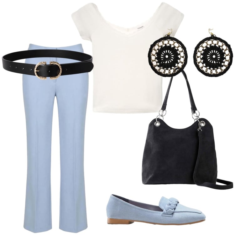 Outfit donna - Colazione fuori. per Tutti i giorni. Abbinamento con mocassini, borse a mano, cinture, t-shirt, pantaloni, orecchini.