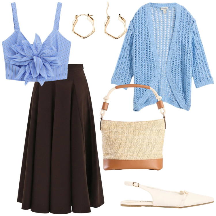 Outfit donna - Quasi settembre. per Tutti i giorni. Abbinamento con ballerine, borse a mano, cardigans, orecchini, top, gonne longuette.