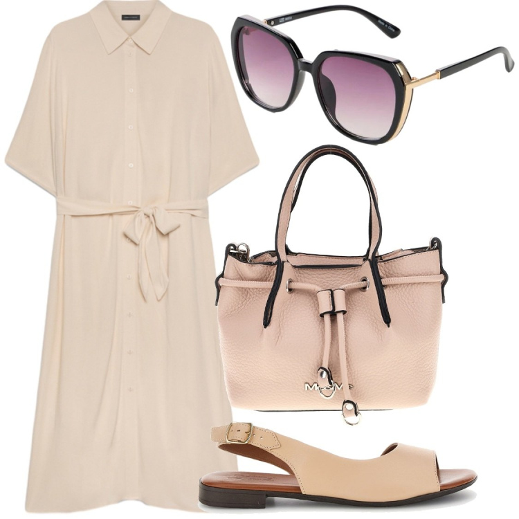 Outfit donna - Maxi-dress di giorno. Stile Chic per Ufficio. Abbinamento con occhiali da sole, vestiti chemisier, sandali in pelle, borse a spalla.