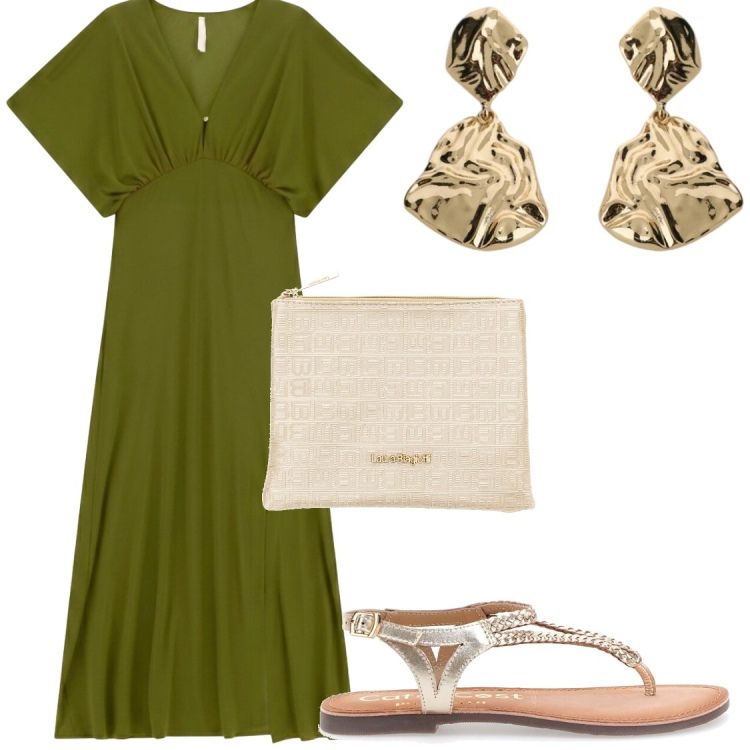 Outfit donna - Il verde del 2026. Stile Chic per Serata fuori. Abbinamento con orecchini, vestiti lunghi, sandali, pochette.