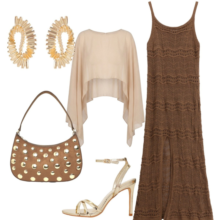 Outfit donna - Abito fluido che accarezza la silhouette. Stile Glamour per Serata fuori. Abbinamento con borse a tracolla, sandali col tacco, vestiti lunghi, orecchini, blazer.