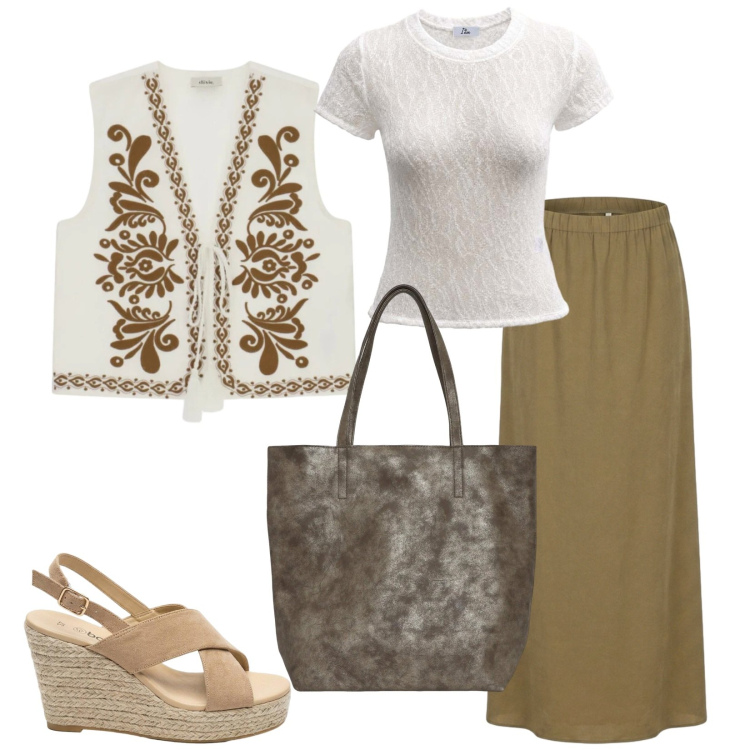 Outfit donna - Total look #2447291. Stile Boho per Tutti i giorni. Abbinamento con sandali col tacco, shopping bag, top, gonne lunghe, gilet.