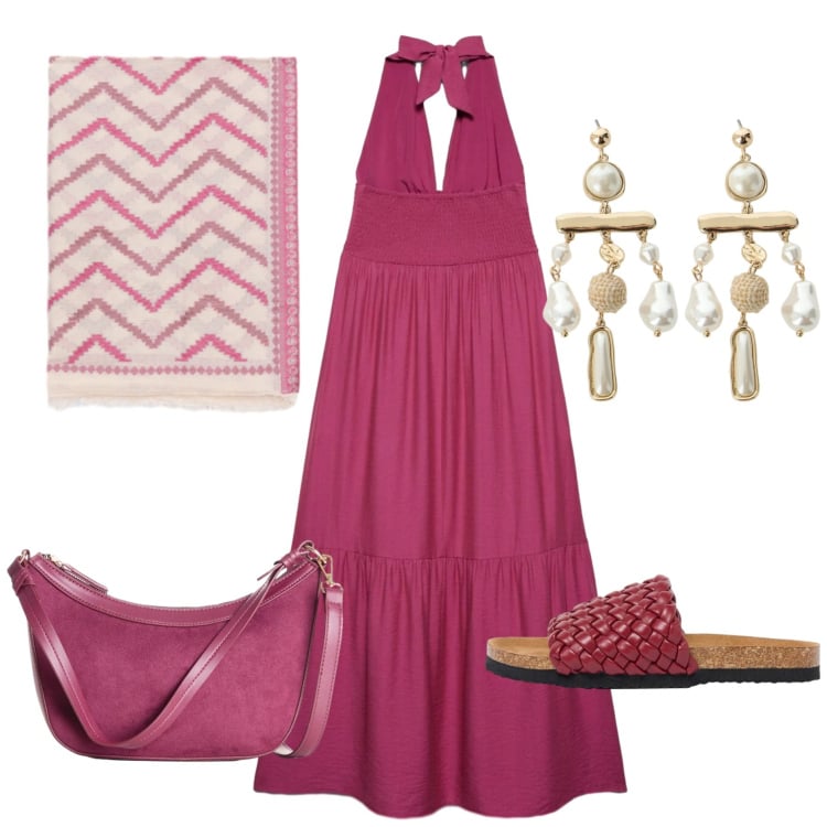 Outfit donna - Agosto di colore - @star67. Stile Trendy per Tutti i giorni. Abbinamento con ciabatte, borse a tracolla, vestiti lunghi, orecchini, foulard.
