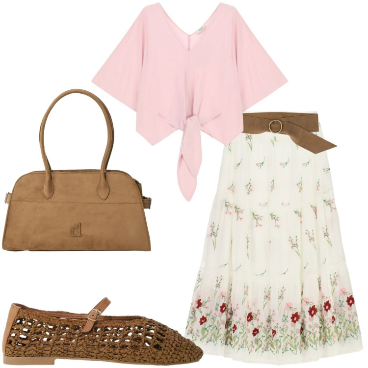 Outfit donna - Agosto in città. Stile Casual chic per Tutti i giorni. Abbinamento con gonne lunghe, ballerine, cinture, borse a spalla, bluse.