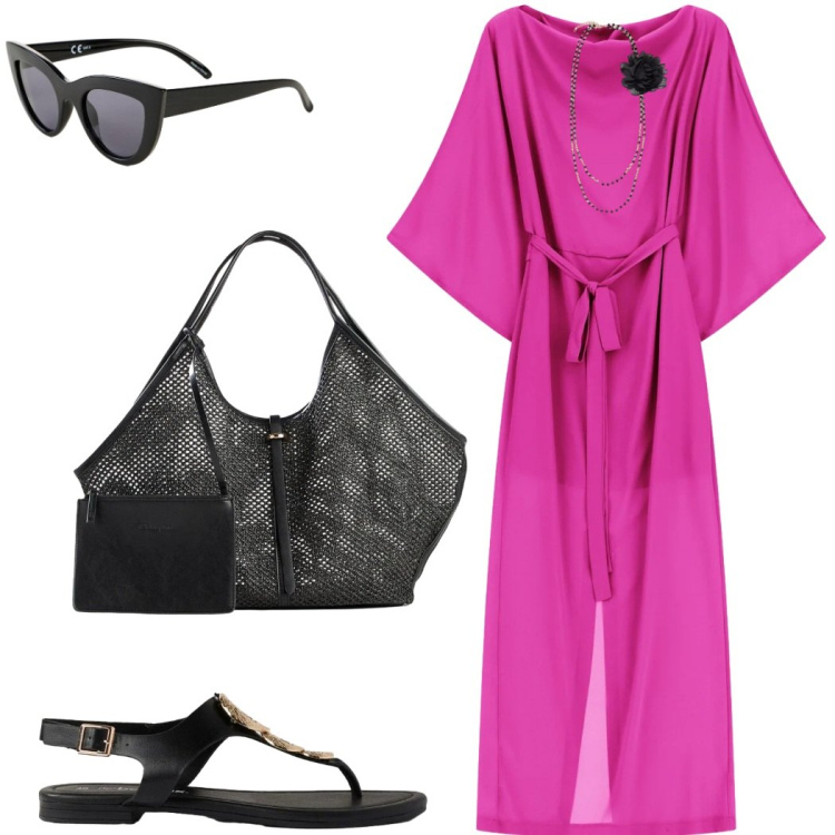 Outfit donna - Agosto in città. Stile Casual chic per Tutti i giorni. Abbinamento con shopping bag, occhiali da sole, sandali, vestiti lunghi, collane.