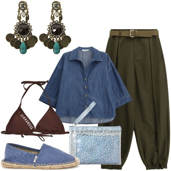 Outfit donna - Summer Holidays. Stile Boho per Mare. Abbinamento con pochette, bikini, camicie, orecchini, pantaloni, espadrillas.