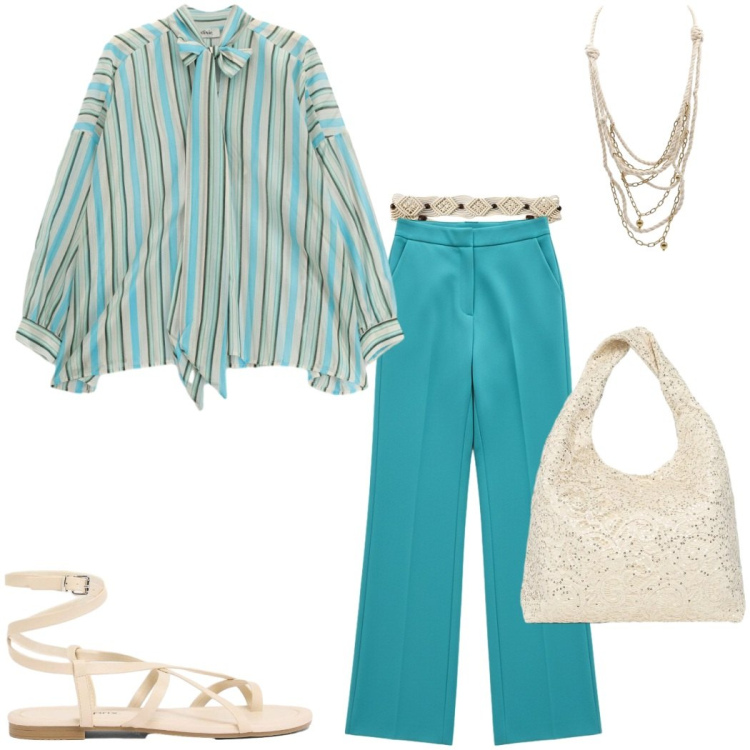 Outfit donna - Agosto di colore. Stile Casual chic per Tutti i giorni. Abbinamento con sandali, cinture, borse a spalla, camicie, collane, pantaloni a palazzo.