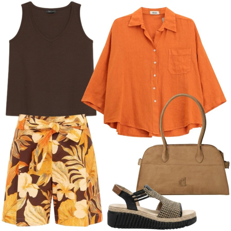 Outfit donna - Colorata estate in città. Stile Casual chic per Tutti i giorni. Abbinamento con sandali, borse a spalla, camicie, pantaloni corti, canottiere.