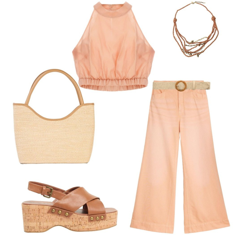Outfit donna - Agosto di colore. Stile Casual chic per Tutti i giorni. Abbinamento con zeppe, jeans, shopping bag, cinture, top, collane.