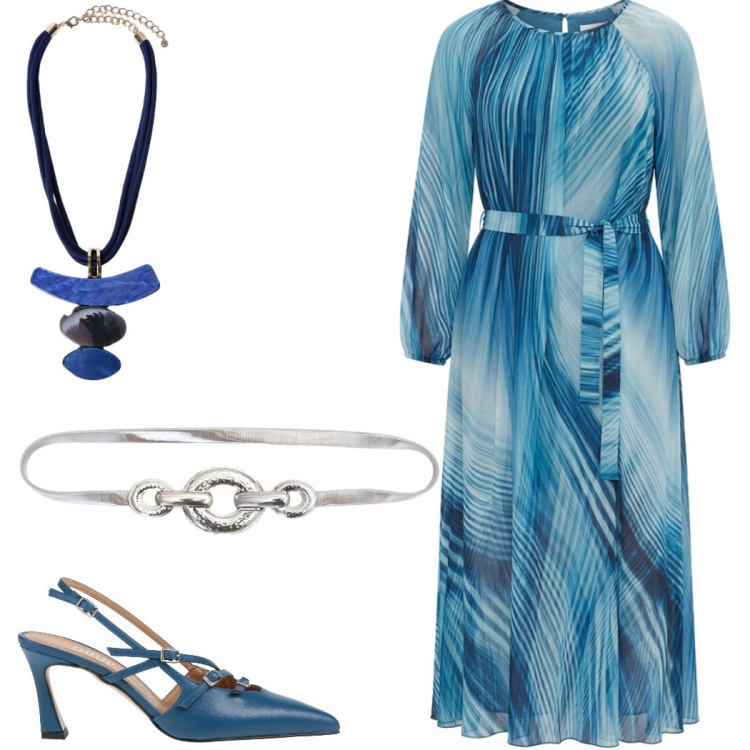 Outfit donna - Azzurro mare. Stile Chic per Cerimonia. Abbinamento con décolleté, cinture, vestiti lunghi, ciondoli.