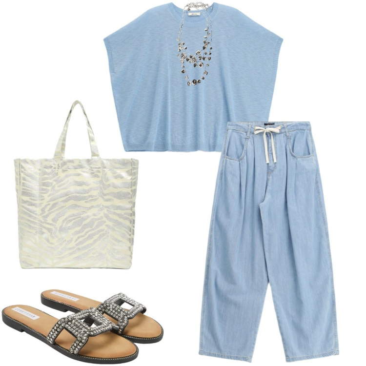 Outfit donna - Azzurro mare. Stile Casual chic per Tutti i giorni. Abbinamento con ciabatte, shopping bag, top, jeans, collane.