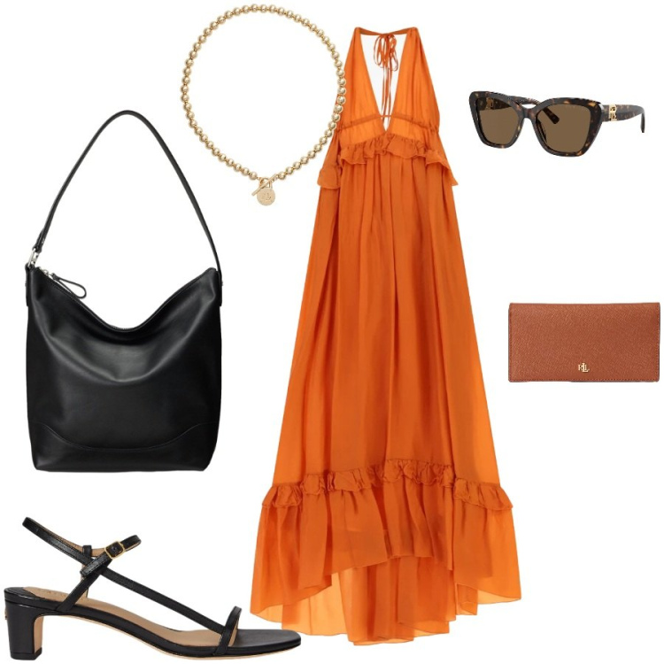 Outfit donna - Total look #2447317. Stile Casual chic per Tutti i giorni. Abbinamento con vestiti lunghi, collane, occhiali da sole, borse a secchiello, sandali in pelle, portafogli.