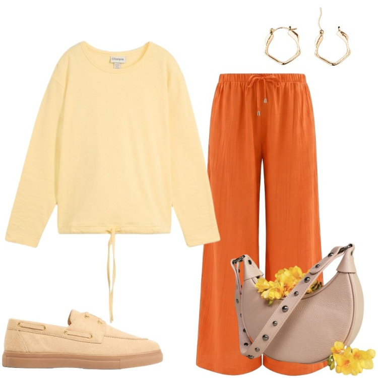 Outfit donna - Total look #2447319. Stile Casual chic per Tutti i giorni. Abbinamento con mocassini, felpe, orecchini, borse a spalla, pantaloni a palazzo.