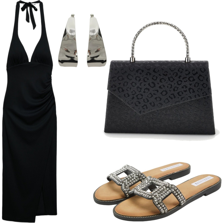 Outfit donna - Serata stilosa. Stile Glamour per Serata fuori. Abbinamento con vestiti midi/longuette, ciabatte, orecchini, pochette.